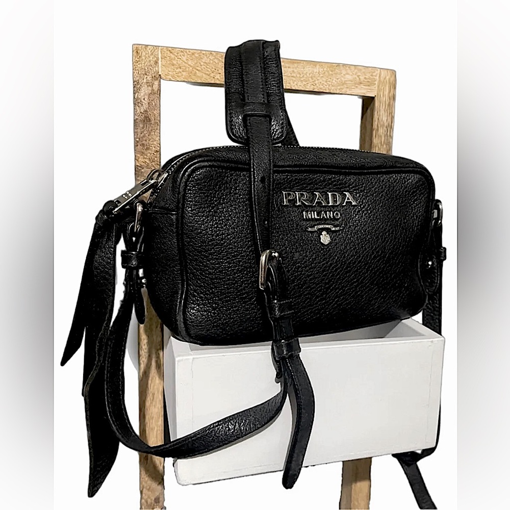 Prada Black Vitello Phenix Leather Shoulder Crossbody Camera Bag